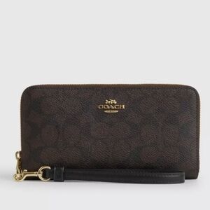 Coach Brown Signature Zip Wallet Wristlet with Gold Hardware